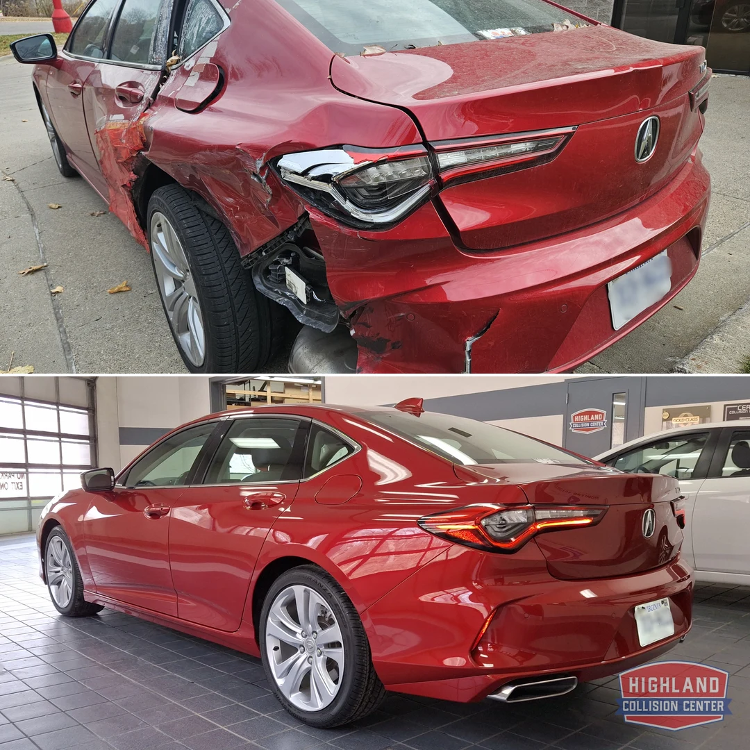 Acura TLX rear quarter panel collision repair before and after